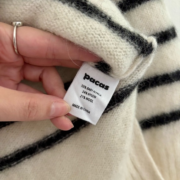 Alpaca Wool Mock Neck Sweater Ivory Black Stripe Sz S - Picture 6 of 8
